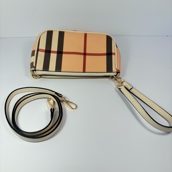 Plaid Checkered Academia Preppy Beige Clutch Strap Crossbody Purse - Picture 9 of 9